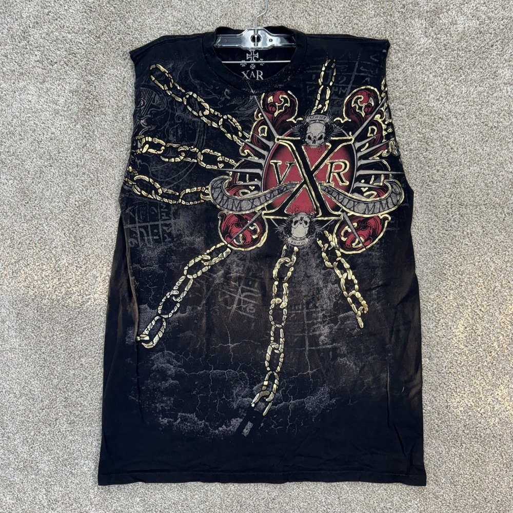 XAR Unlimited Mens Large Black Graphic Muscle Tank Top Skulls Chains VRX